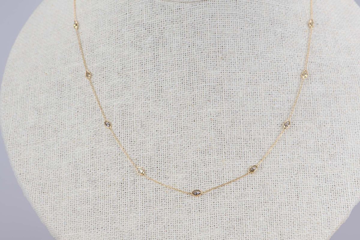 Marquise and Pear Shape Diamond Station Dainty Necklace 18K Yellow Gold R4061 Aurora Designer