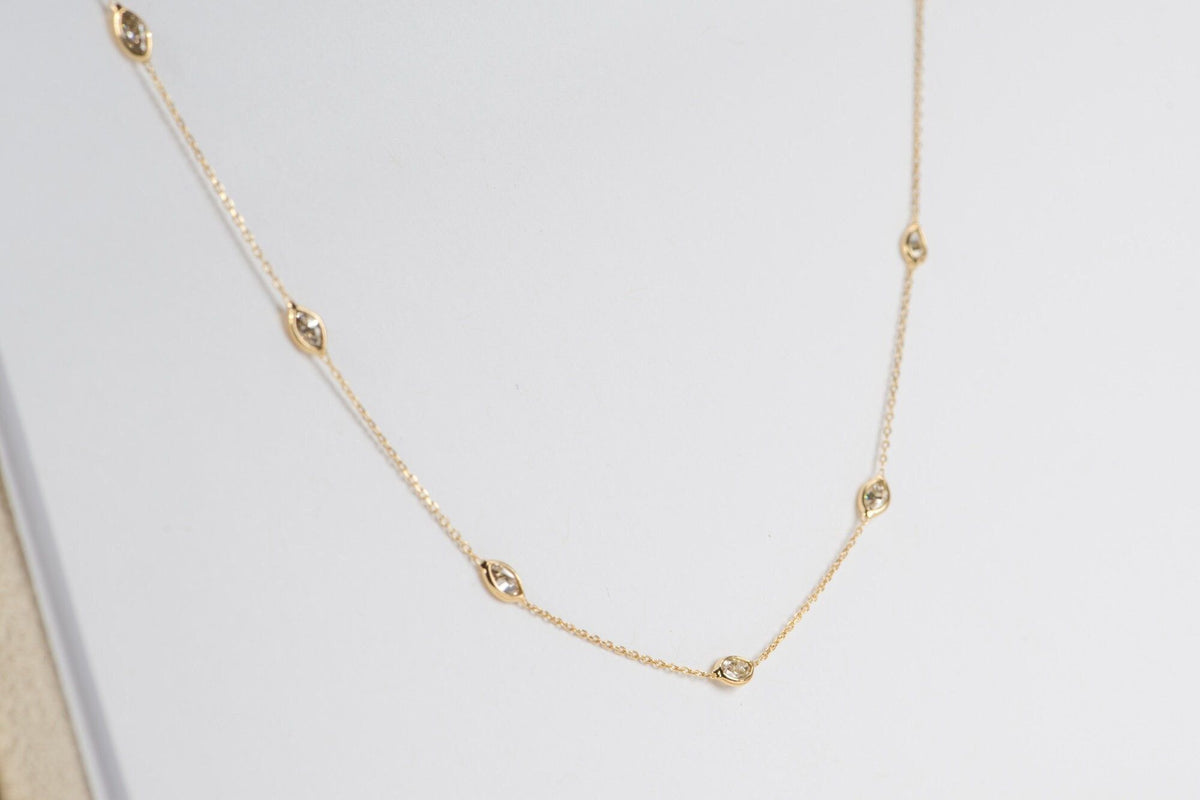 Marquise and Pear Shape Diamond Station Dainty Necklace 18K Yellow Gold R4061 Aurora Designer