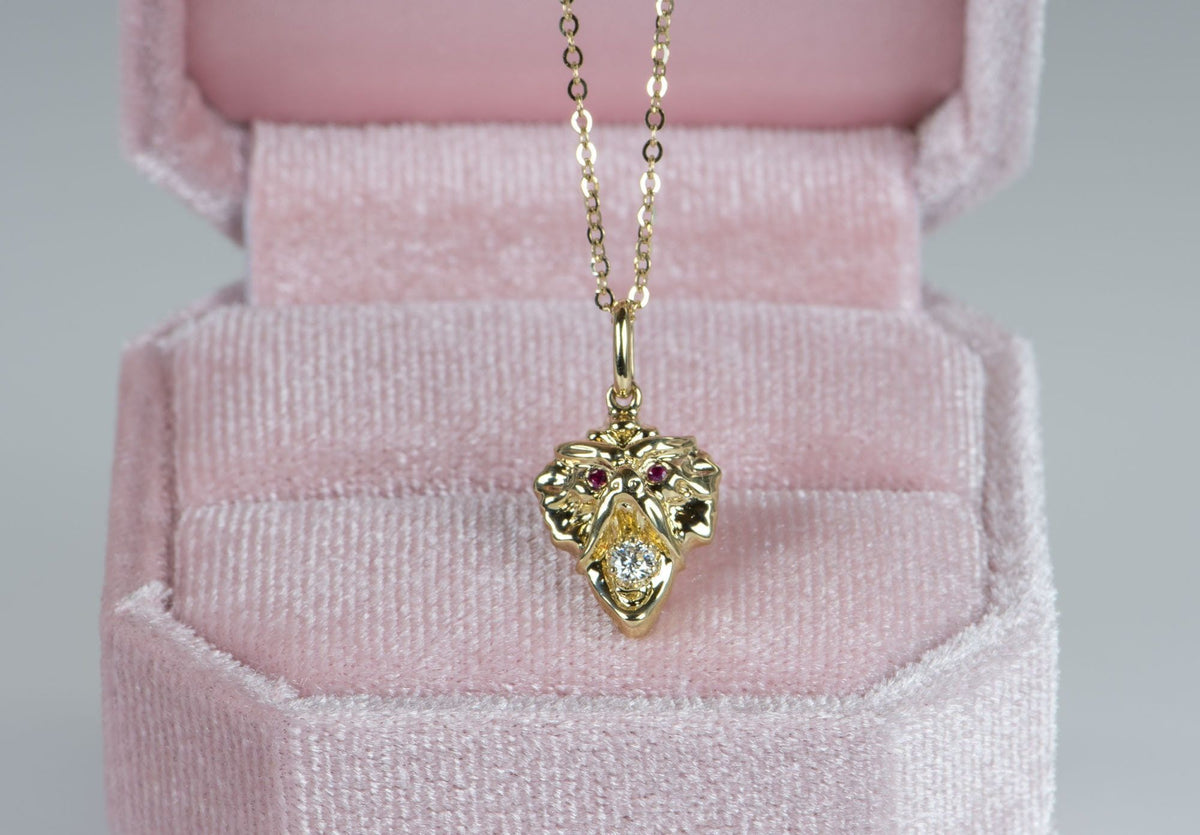 Vintage Inspired Griffin Pendant Solid 9K Gold Ruby Eyes Moissanite Mouth M4009 Aurora Designer