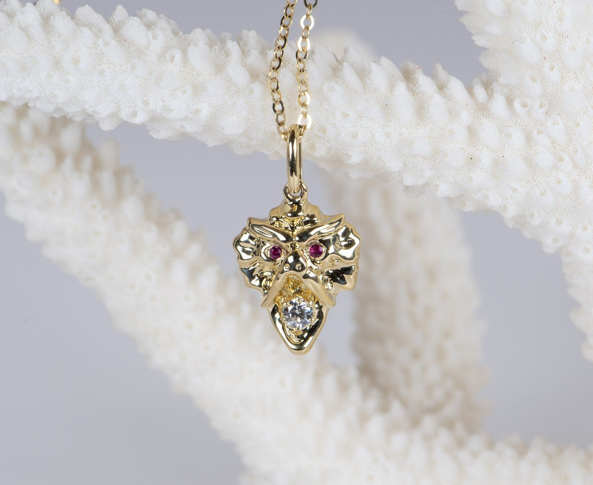 Vintage Inspired Griffin Pendant Solid 9K Gold Ruby Eyes Moissanite Mouth M4009 Aurora Designer