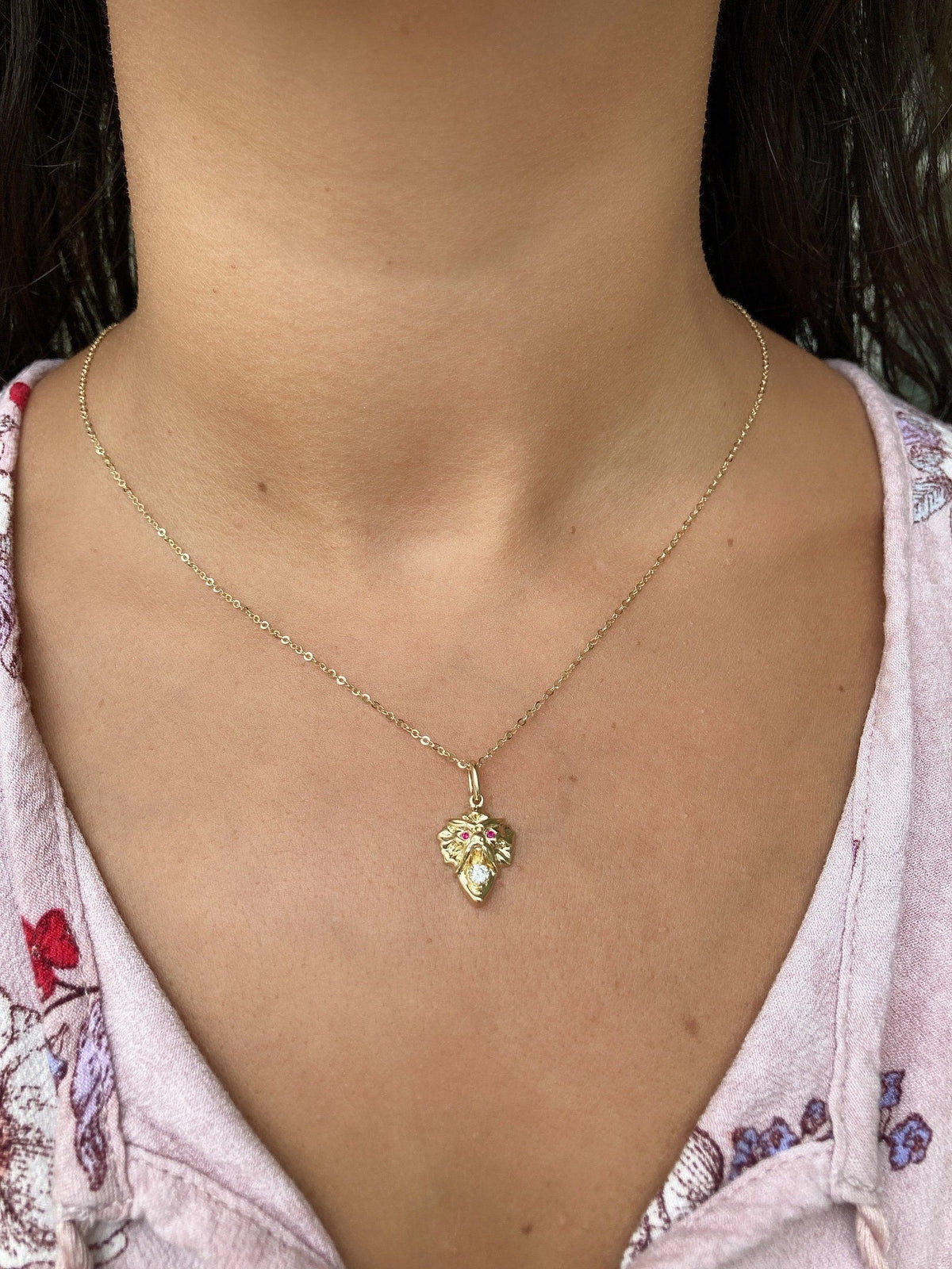 Vintage Inspired Griffin Pendant Solid 9K Gold Ruby Eyes Moissanite Mouth M4009 Aurora Designer