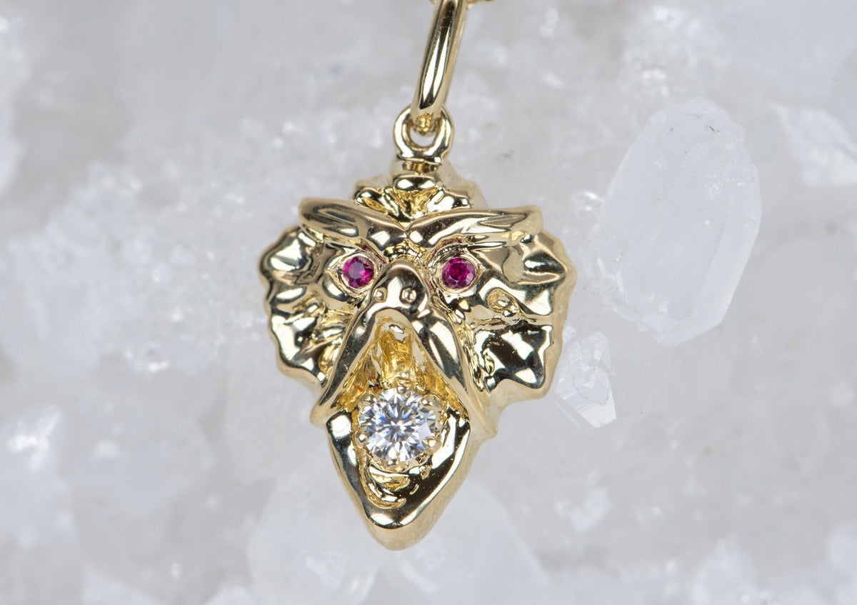 Vintage Inspired Griffin Pendant Solid 9K Gold Ruby Eyes Moissanite Mouth M4009 Aurora Designer
