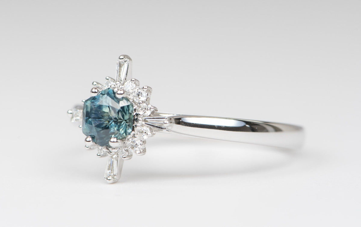 Blue Hexagon Montana Sapphire with Baguette Diamond Halo 14K White Gold Engagement Ring R6090 Aurora Designer