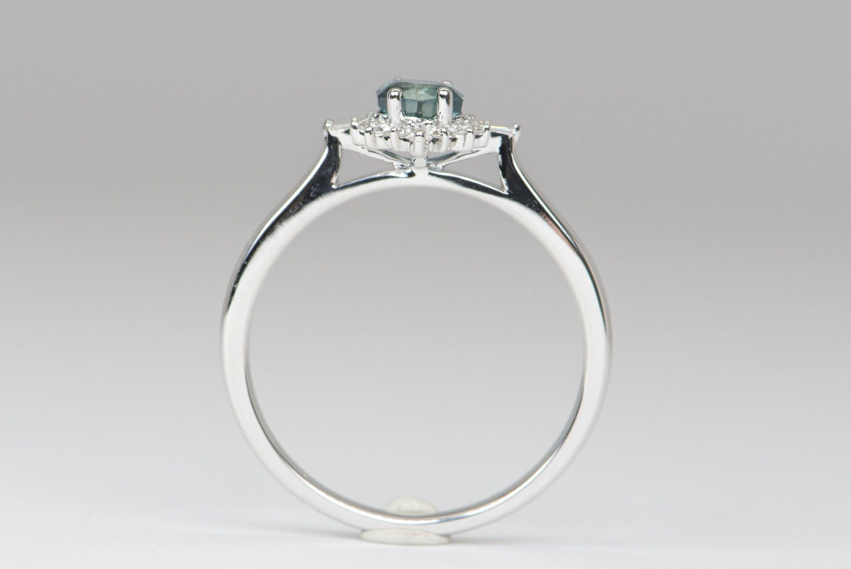 Blue Hexagon Montana Sapphire with Baguette Diamond Halo 14K White Gold Engagement Ring R6090 Aurora Designer