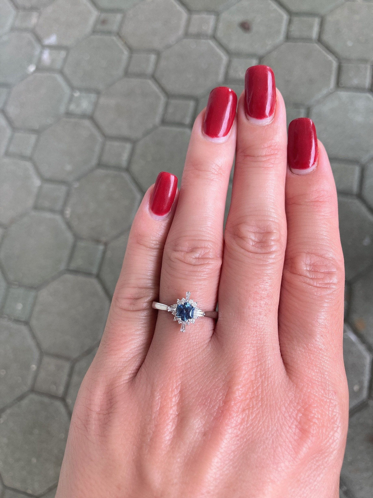 Blue Hexagon Montana Sapphire with Baguette Diamond Halo 14K White Gold Engagement Ring R6090 Aurora Designer