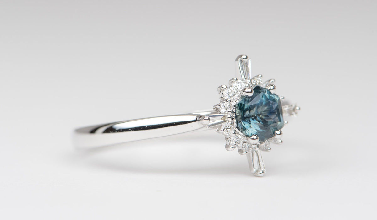 Blue Hexagon Montana Sapphire with Baguette Diamond Halo 14K White Gold Engagement Ring R6090 Aurora Designer