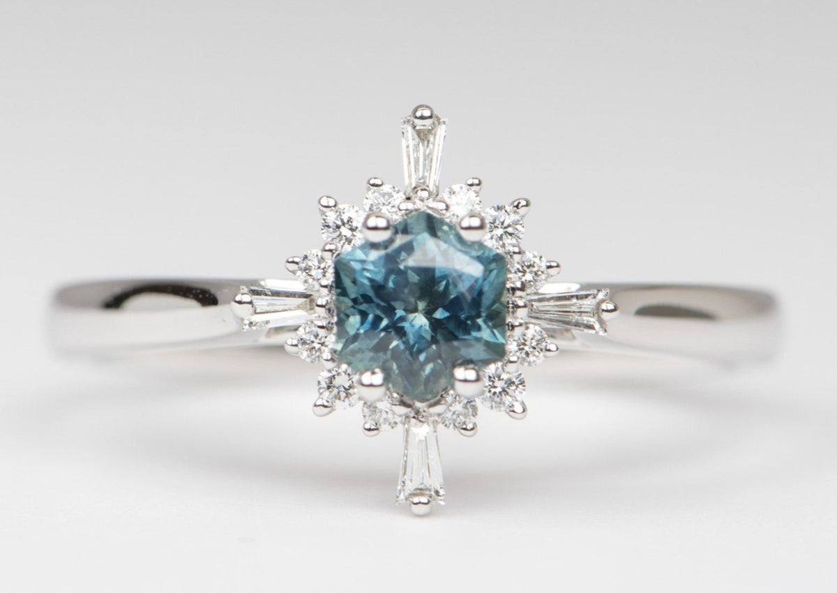 Blue Hexagon Montana Sapphire with Baguette Diamond Halo 14K White Gold Engagement Ring R6090 Aurora Designer