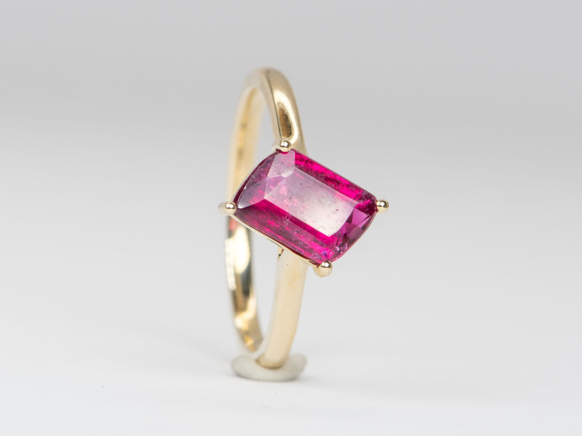 1.36ct Fancy Shape Rubellite Pink Tourmaline Solitaire Ring 14K Yellow Gold R6141 Aurora Designer