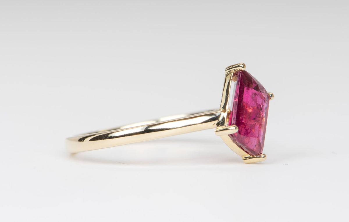 1.36ct Fancy Shape Rubellite Pink Tourmaline Solitaire Ring 14K Yellow Gold R6141 Aurora Designer