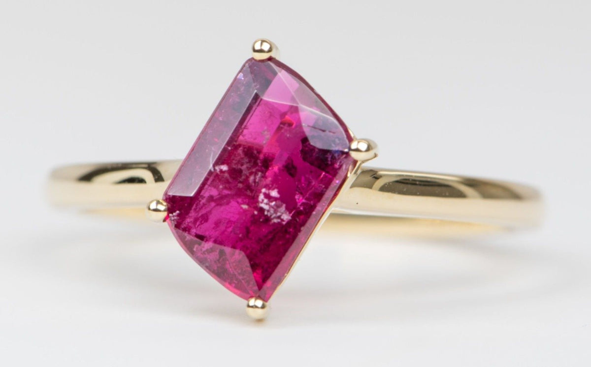 1.36ct Fancy Shape Rubellite Pink Tourmaline Solitaire Ring 14K Yellow Gold R6141 Aurora Designer