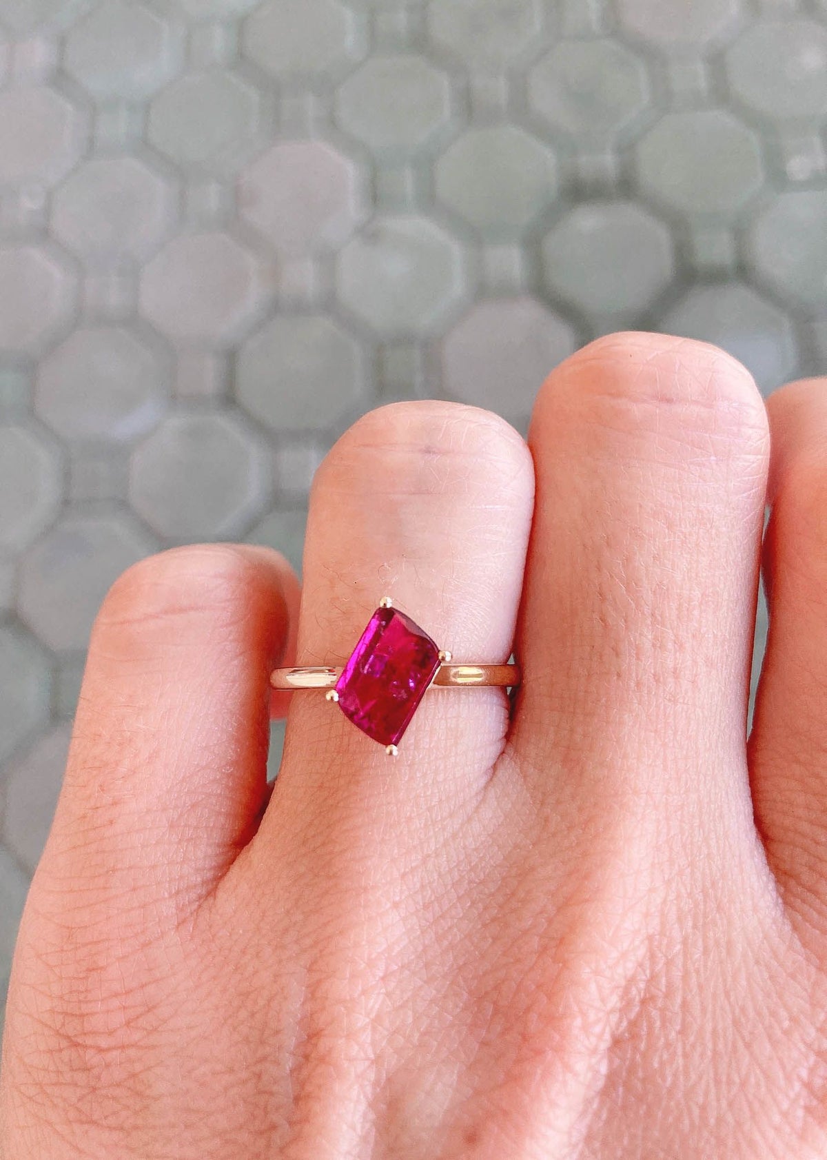 1.36ct Fancy Shape Rubellite Pink Tourmaline Solitaire Ring 14K Yellow Gold R6141 Aurora Designer