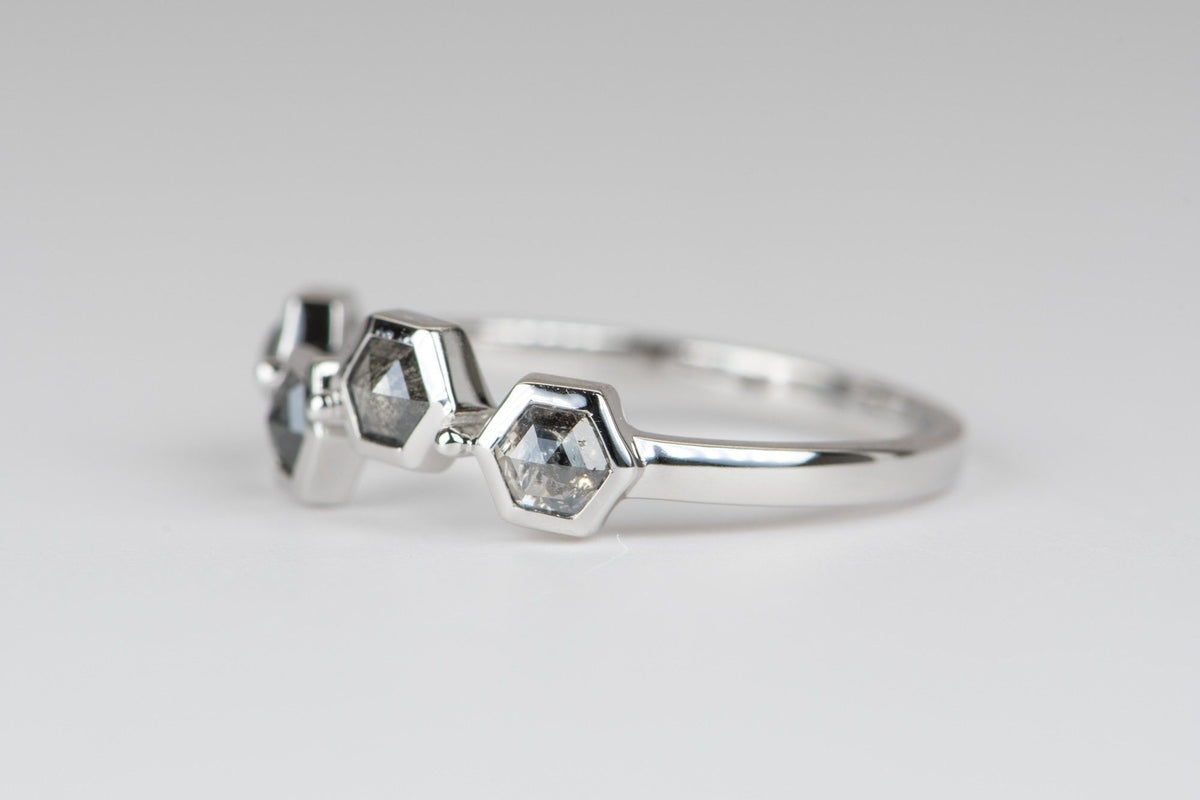 Hexagon Shape Salt and Pepper Diamond 14K White Gold Wedding Band R5002 Aurora Designer