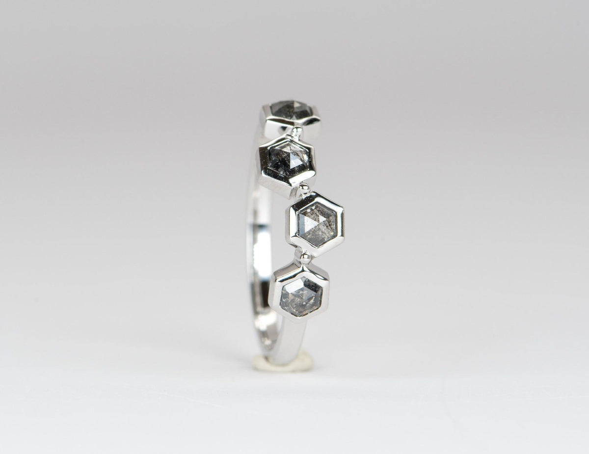 Hexagon Shape Salt and Pepper Diamond 14K White Gold Wedding Band R5002 Aurora Designer