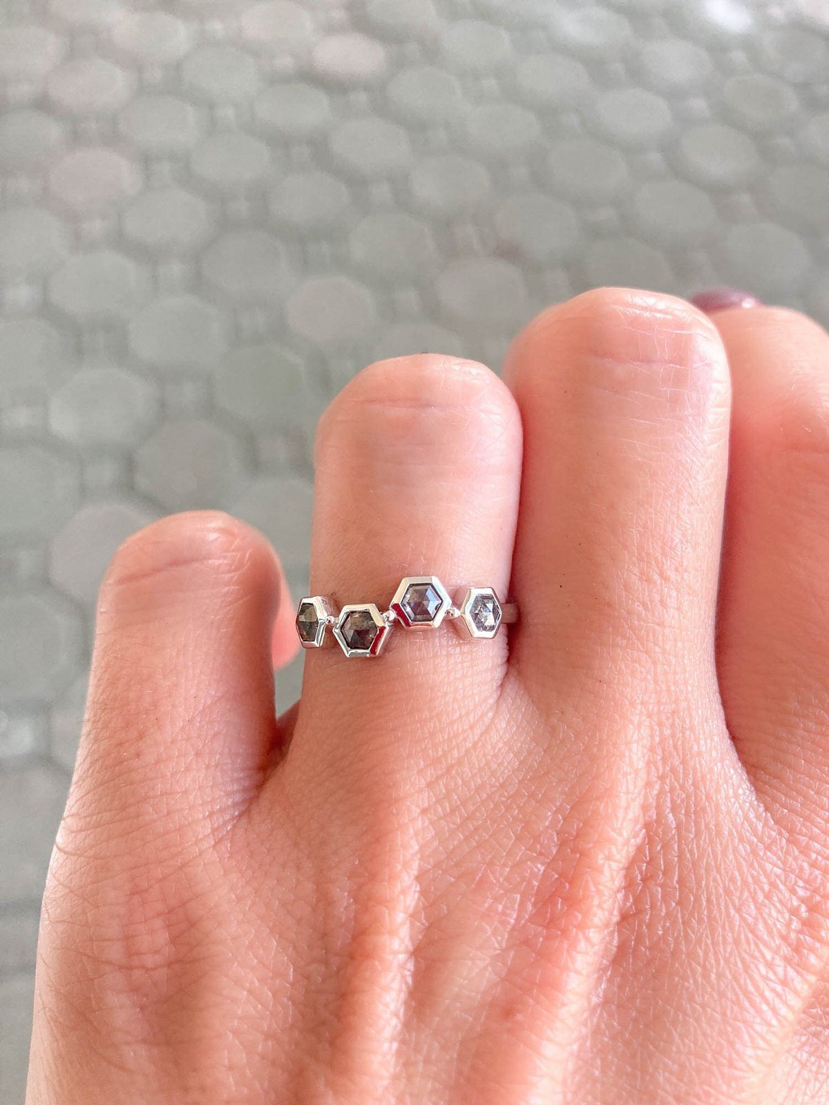 Hexagon Shape Salt and Pepper Diamond 14K White Gold Wedding Band R5002 Aurora Designer