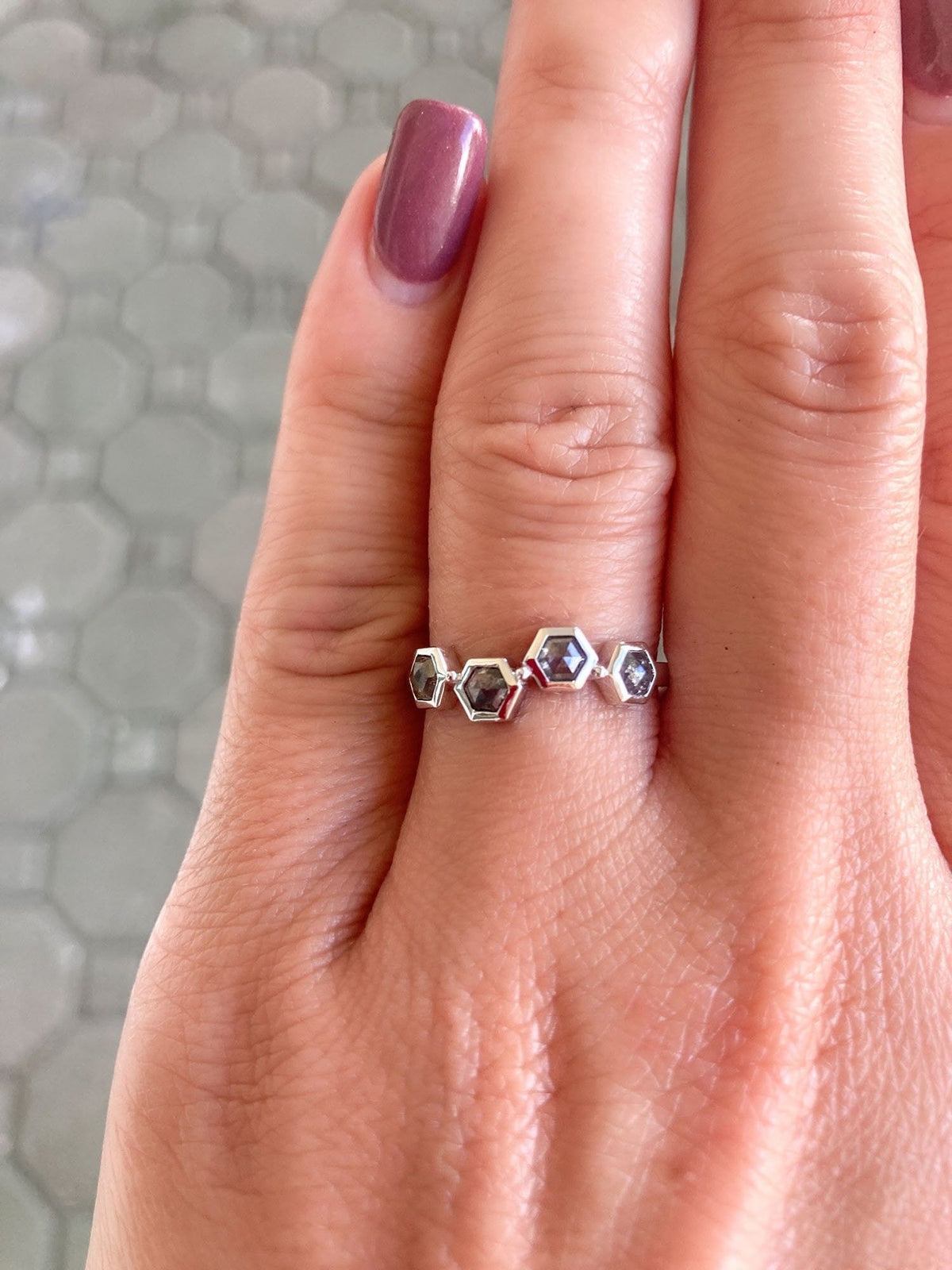 Hexagon Shape Salt and Pepper Diamond 14K White Gold Wedding Band R5002 Aurora Designer