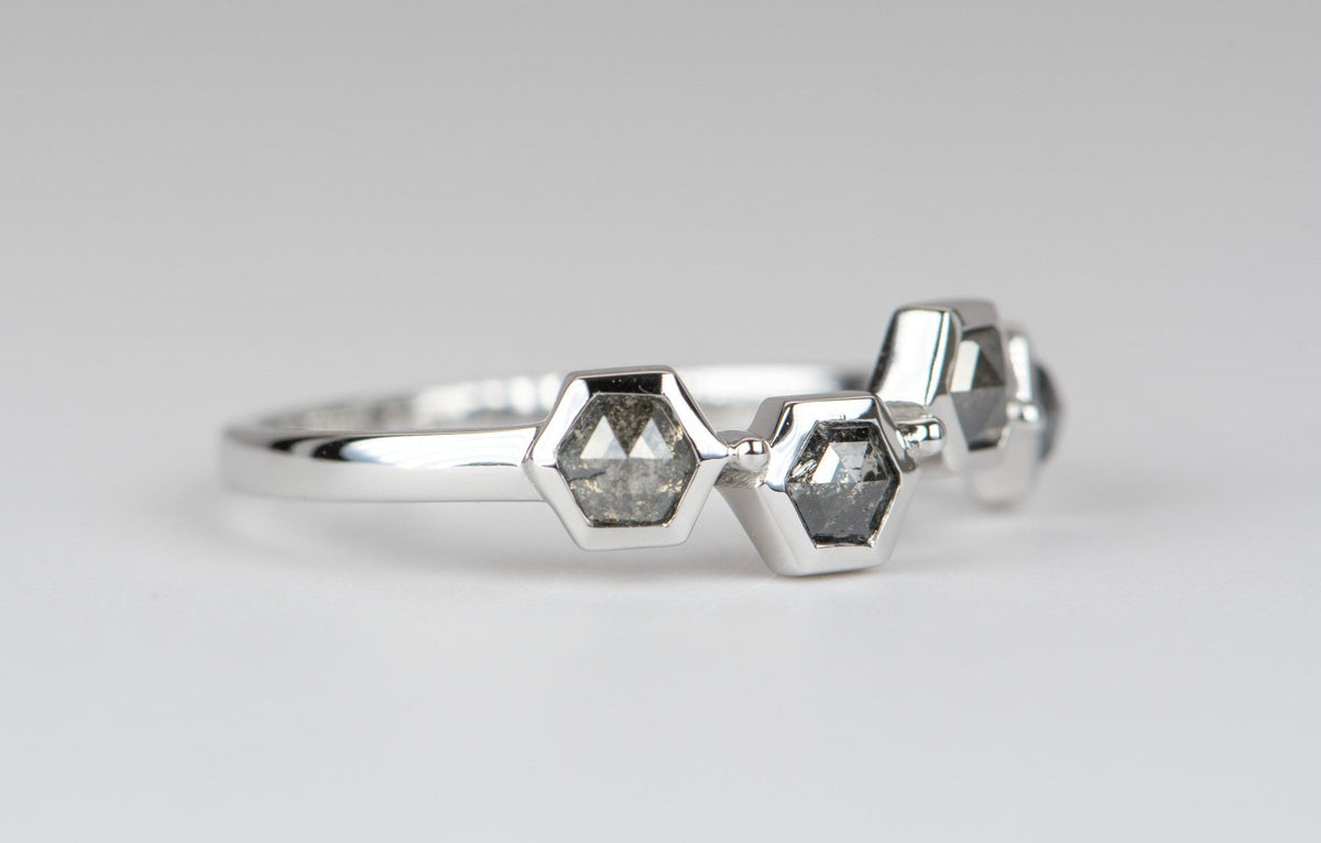 Hexagon Shape Salt and Pepper Diamond 14K White Gold Wedding Band R5002 Aurora Designer
