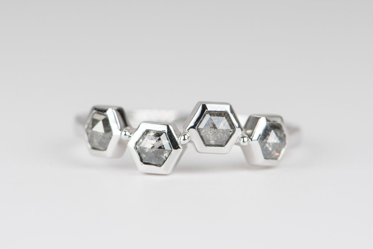 Hexagon Shape Salt and Pepper Diamond 14K White Gold Wedding Band R5002 Aurora Designer