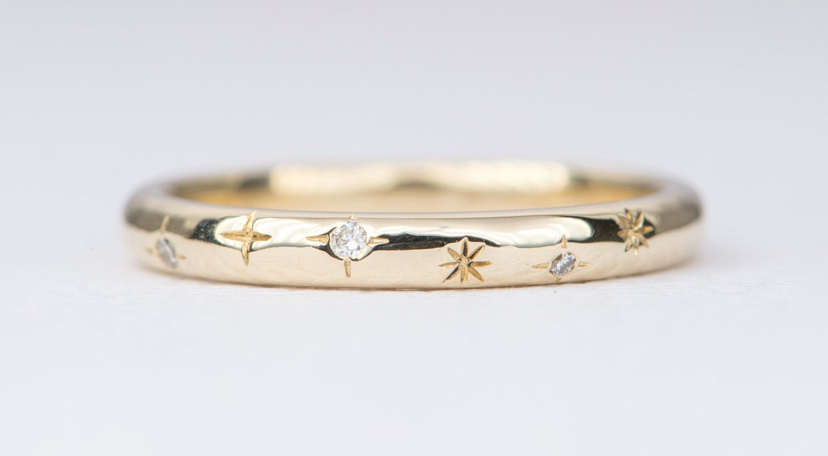 Birthstone and Stars 2mm 14K Gold Wedding Band Hand Engraved AD2316B Aurora Designer