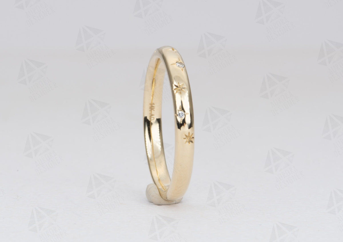 Birthstone and Stars 2mm 14K Gold Wedding Band Hand Engraved AD2316B Aurora Designer