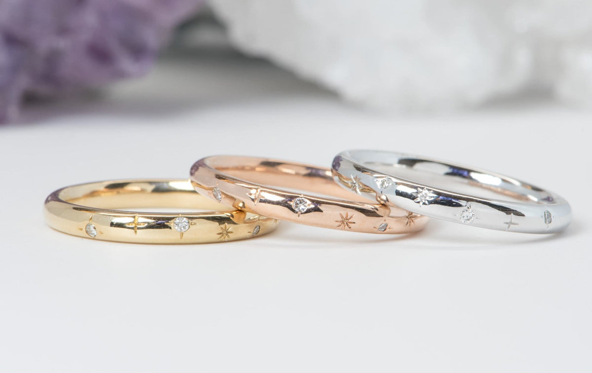 Birthstone and Stars 2mm 14K Gold Wedding Band Hand Engraved AD2316B Aurora Designer