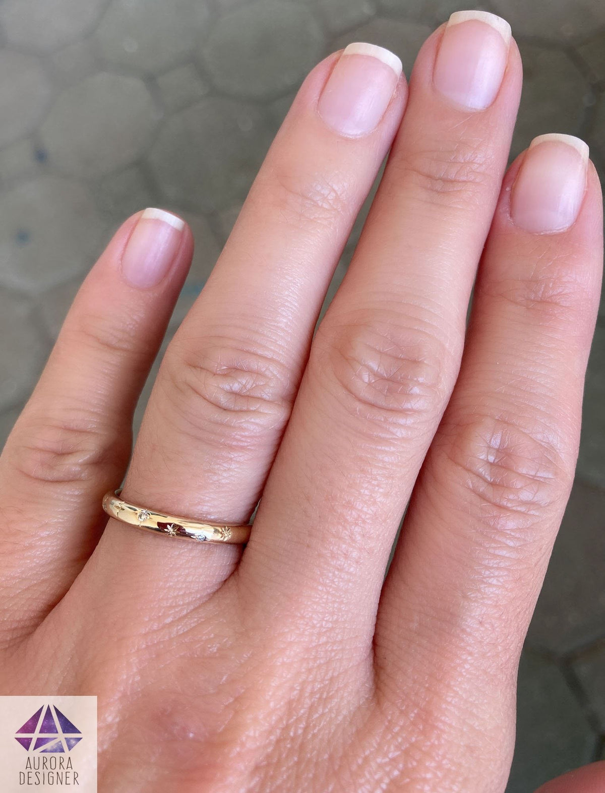 Birthstone and Stars 2mm 14K Gold Wedding Band Hand Engraved AD2316B Aurora Designer