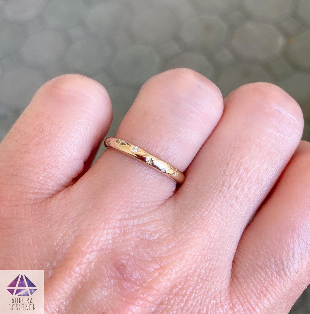 Birthstone and Stars 2mm 14K Gold Wedding Band Hand Engraved AD2316B Aurora Designer