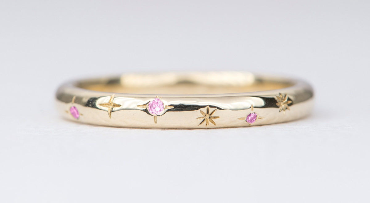 Birthstone and Stars 2mm 14K Gold Wedding Band Hand Engraved AD2316B Aurora Designer