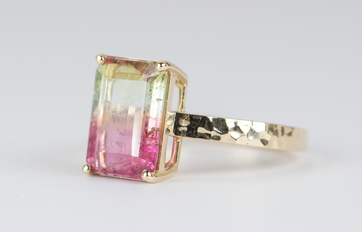 4.05ct Bi-Color Watermelon Tourmaline Statement Ring 14K Yellow Gold Hammered Texture Band R6117 Aurora Designer