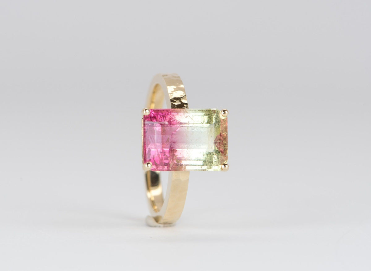 4.05ct Bi-Color Watermelon Tourmaline Statement Ring 14K Yellow Gold Hammered Texture Band R6117 Aurora Designer