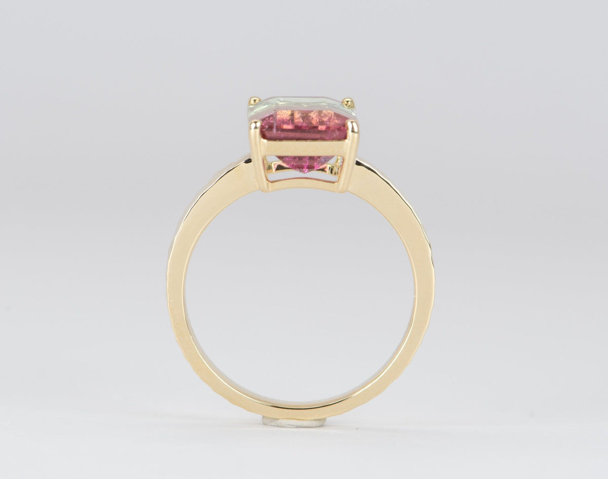 4.05ct Bi-Color Watermelon Tourmaline Statement Ring 14K Yellow Gold Hammered Texture Band R6117 Aurora Designer