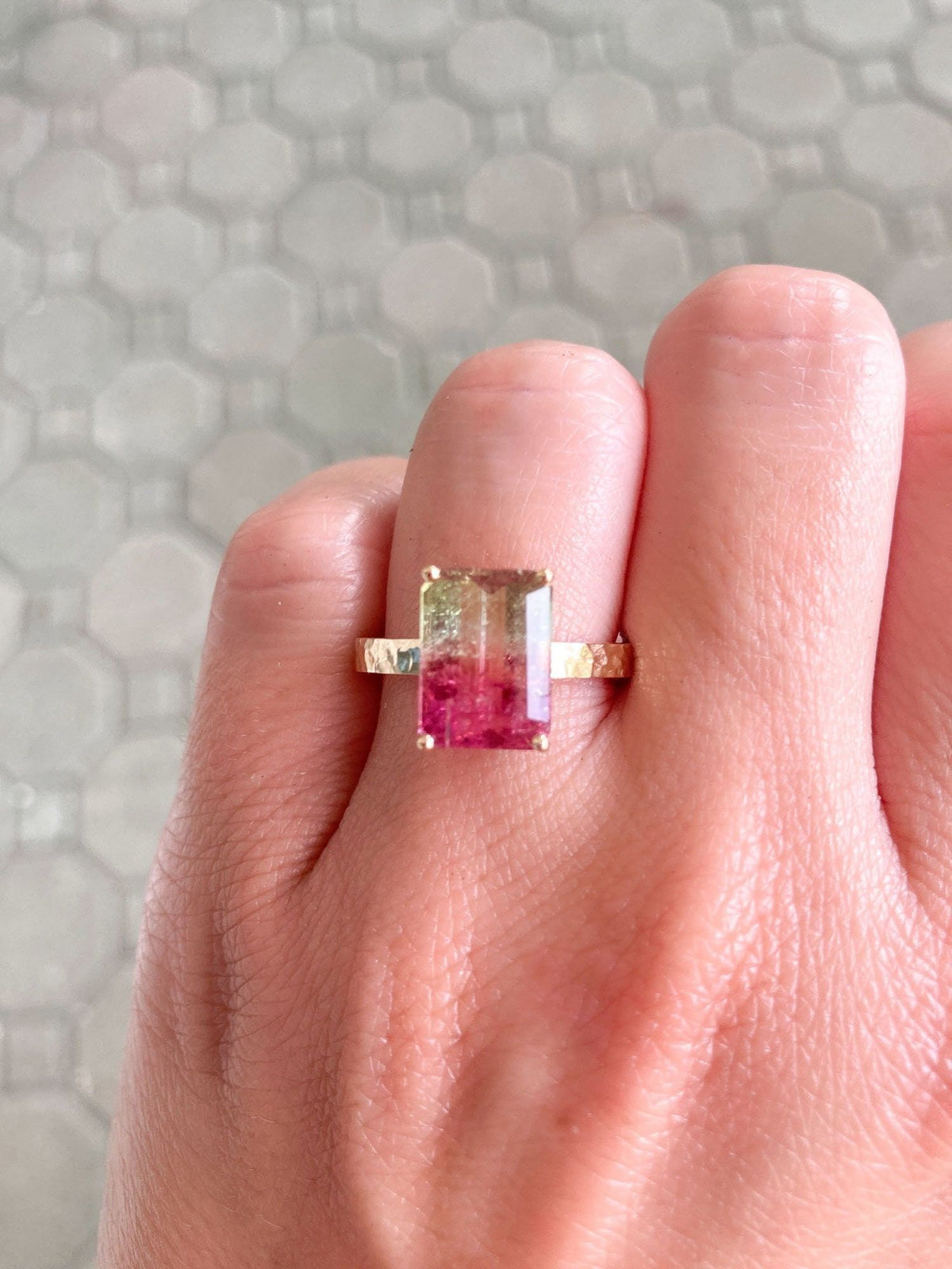 4.05ct Bi-Color Watermelon Tourmaline Statement Ring 14K Yellow Gold Hammered Texture Band R6117 Aurora Designer