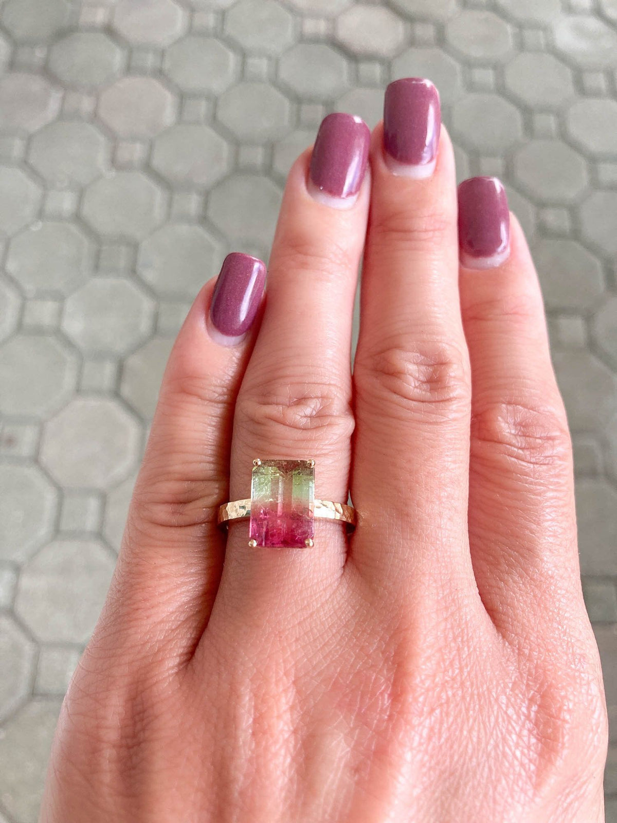 4.05ct Bi-Color Watermelon Tourmaline Statement Ring 14K Yellow Gold Hammered Texture Band R6117 Aurora Designer