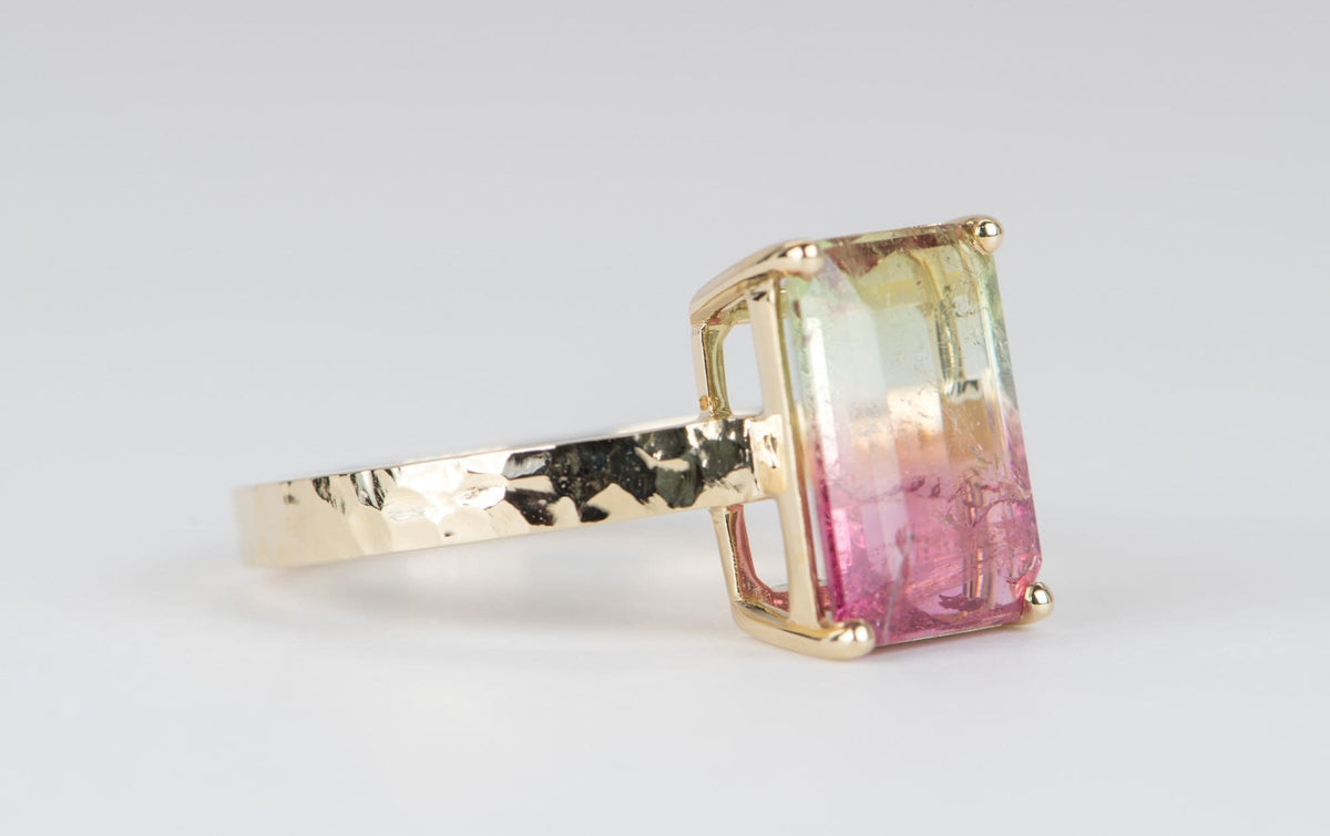 4.05ct Bi-Color Watermelon Tourmaline Statement Ring 14K Yellow Gold Hammered Texture Band R6117 Aurora Designer