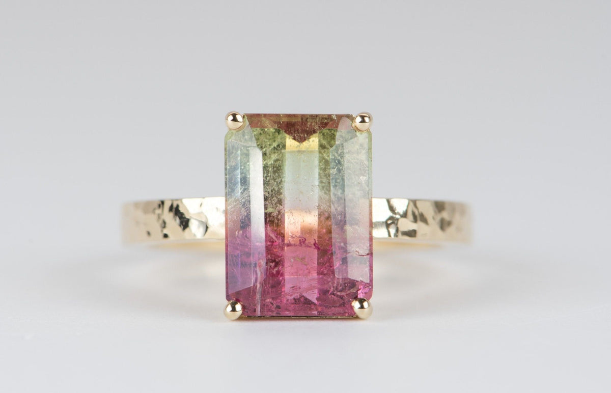 4.05ct Bi-Color Watermelon Tourmaline Statement Ring 14K Yellow Gold Hammered Texture Band R6117 Aurora Designer