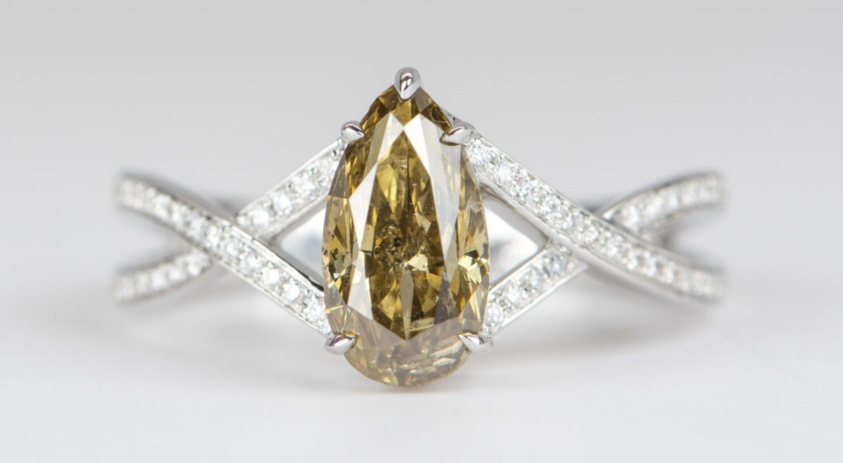 1.55ct Golden Brown Diamond on Split Pave Band 14K White Gold Engagement Ring R6115 Aurora Designer