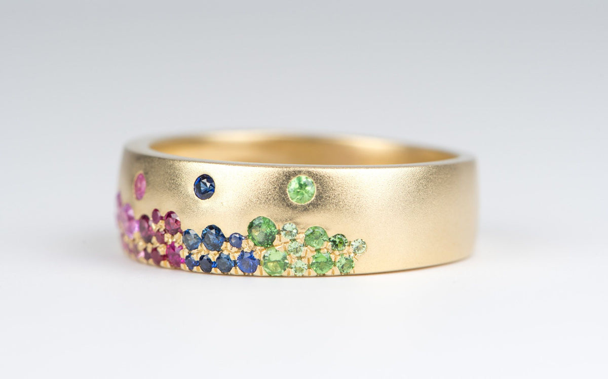 6mm Wide 14K Yellow Gold Wedding Band with Sprinkle Rainbow Sapphire R6139 Aurora Designer