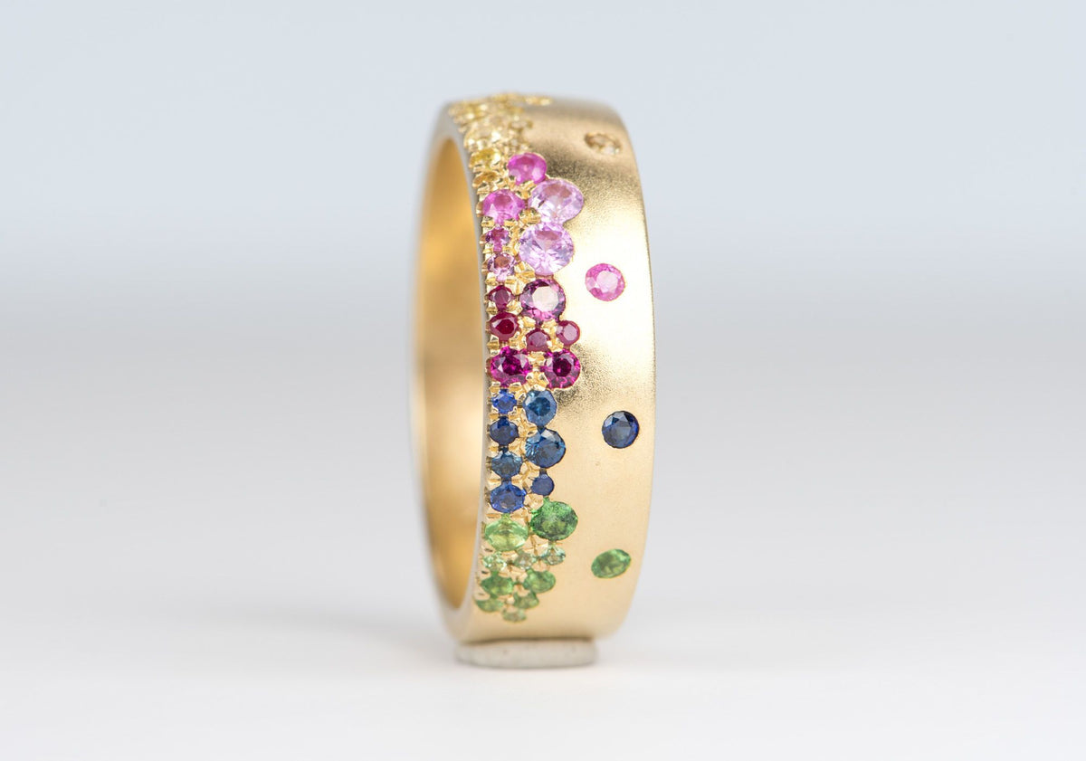 6mm Wide 14K Yellow Gold Wedding Band with Sprinkle Rainbow Sapphire R6139 Aurora Designer