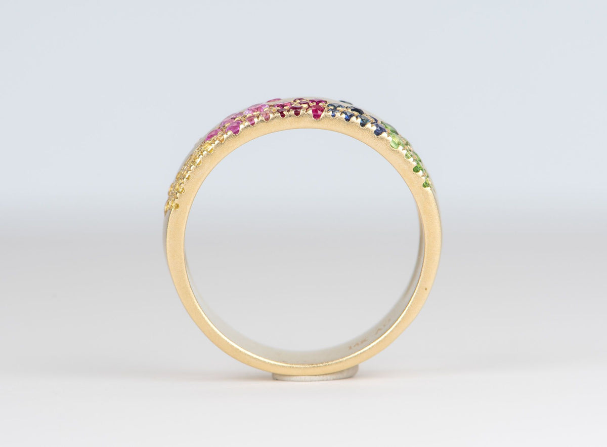 6mm Wide 14K Yellow Gold Wedding Band with Sprinkle Rainbow Sapphire R6139 Aurora Designer