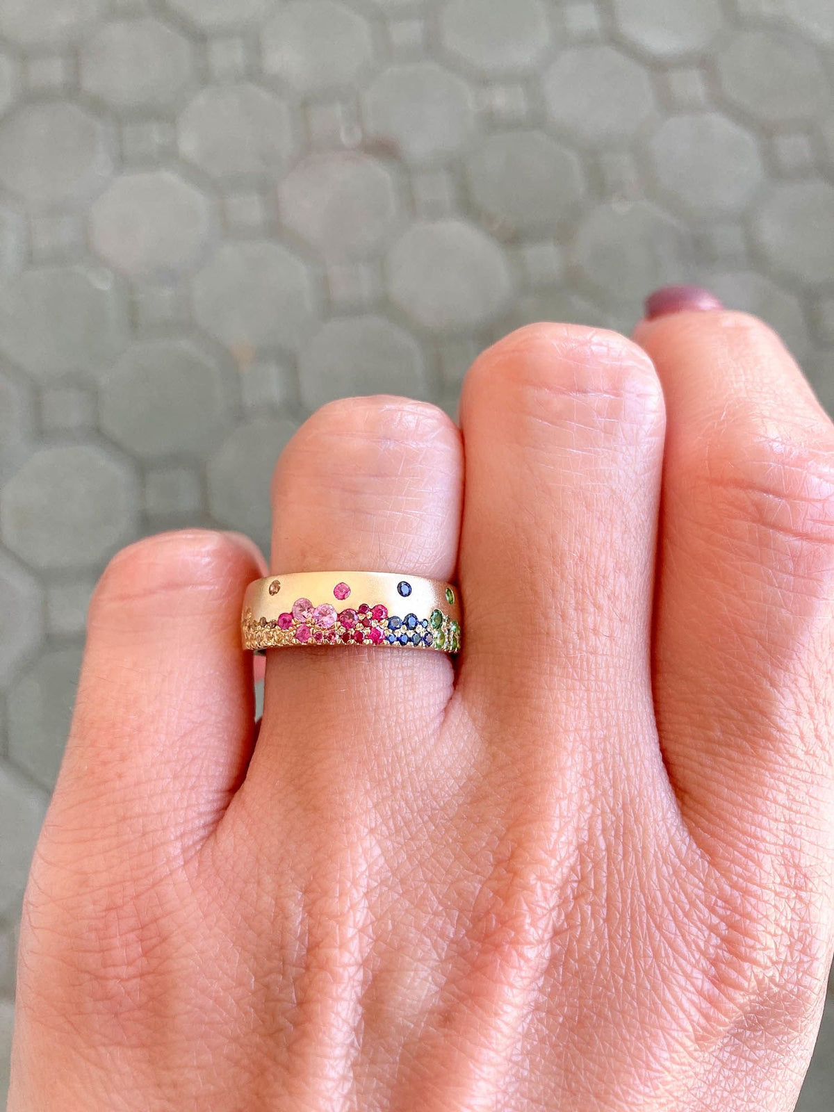 6mm Wide 14K Yellow Gold Wedding Band with Sprinkle Rainbow Sapphire R6139 Aurora Designer