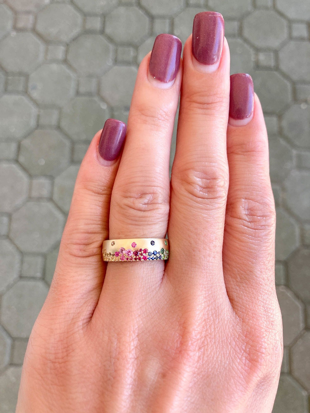 6mm Wide 14K Yellow Gold Wedding Band with Sprinkle Rainbow Sapphire R6139 Aurora Designer