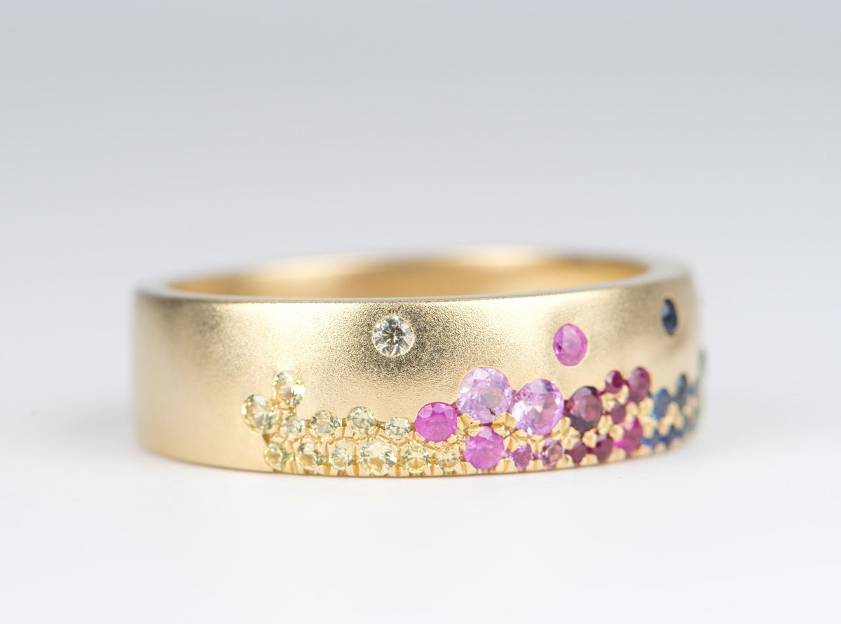 6mm Wide 14K Yellow Gold Wedding Band with Sprinkle Rainbow Sapphire R6139 Aurora Designer