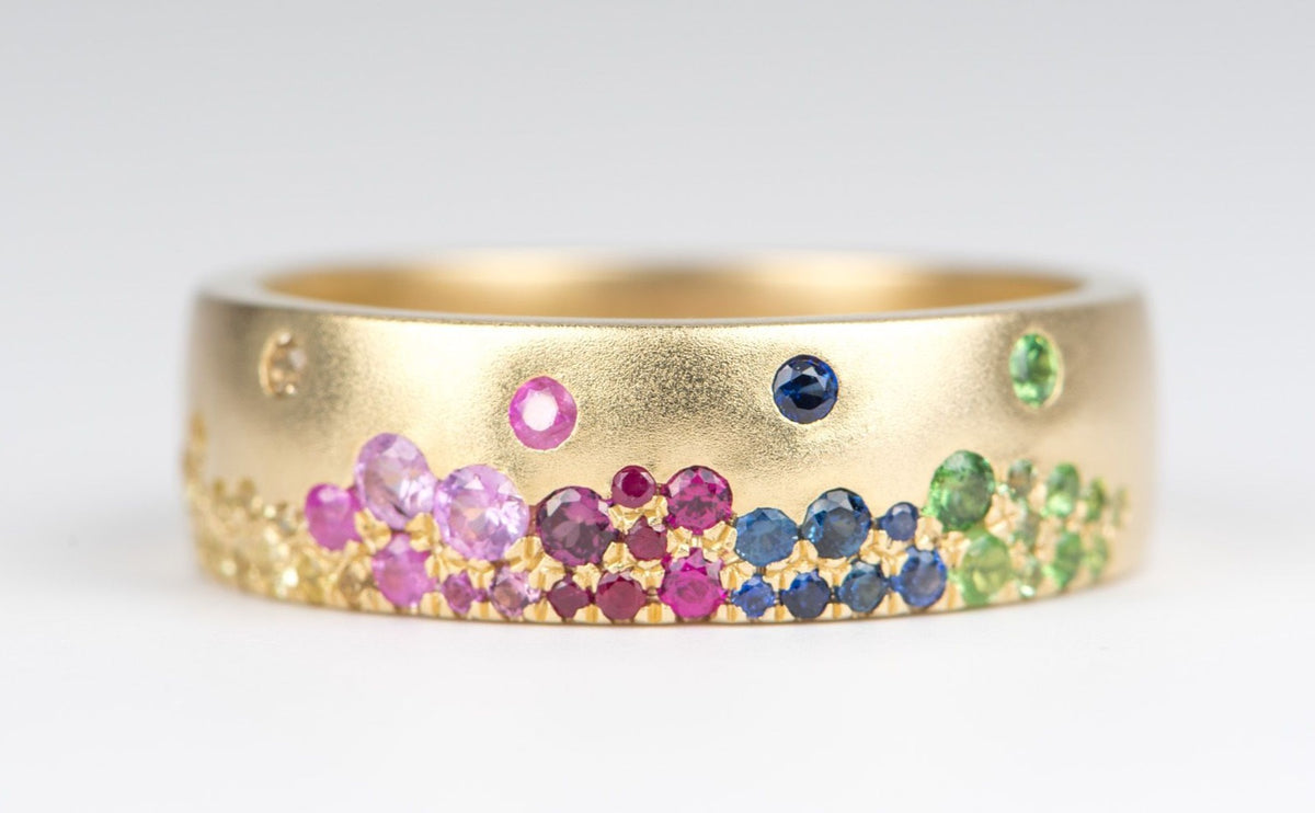 6mm Wide 14K Yellow Gold Wedding Band with Sprinkle Rainbow Sapphire R6139 Aurora Designer