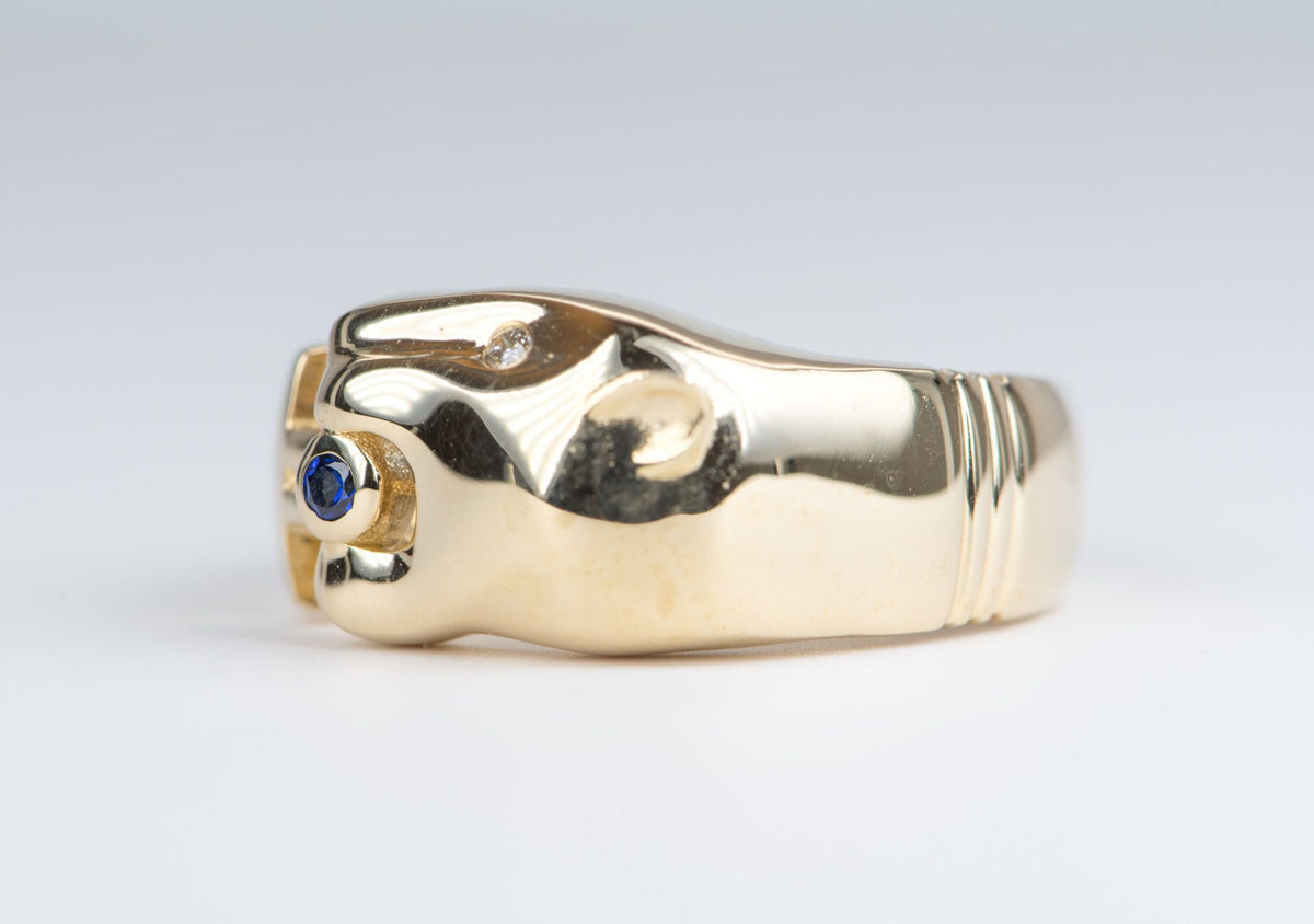 Vintage-Inspired 14K Yellow Gold Panther Ring with Diamond Eye Sapphire Mouth R6140 Aurora Designer