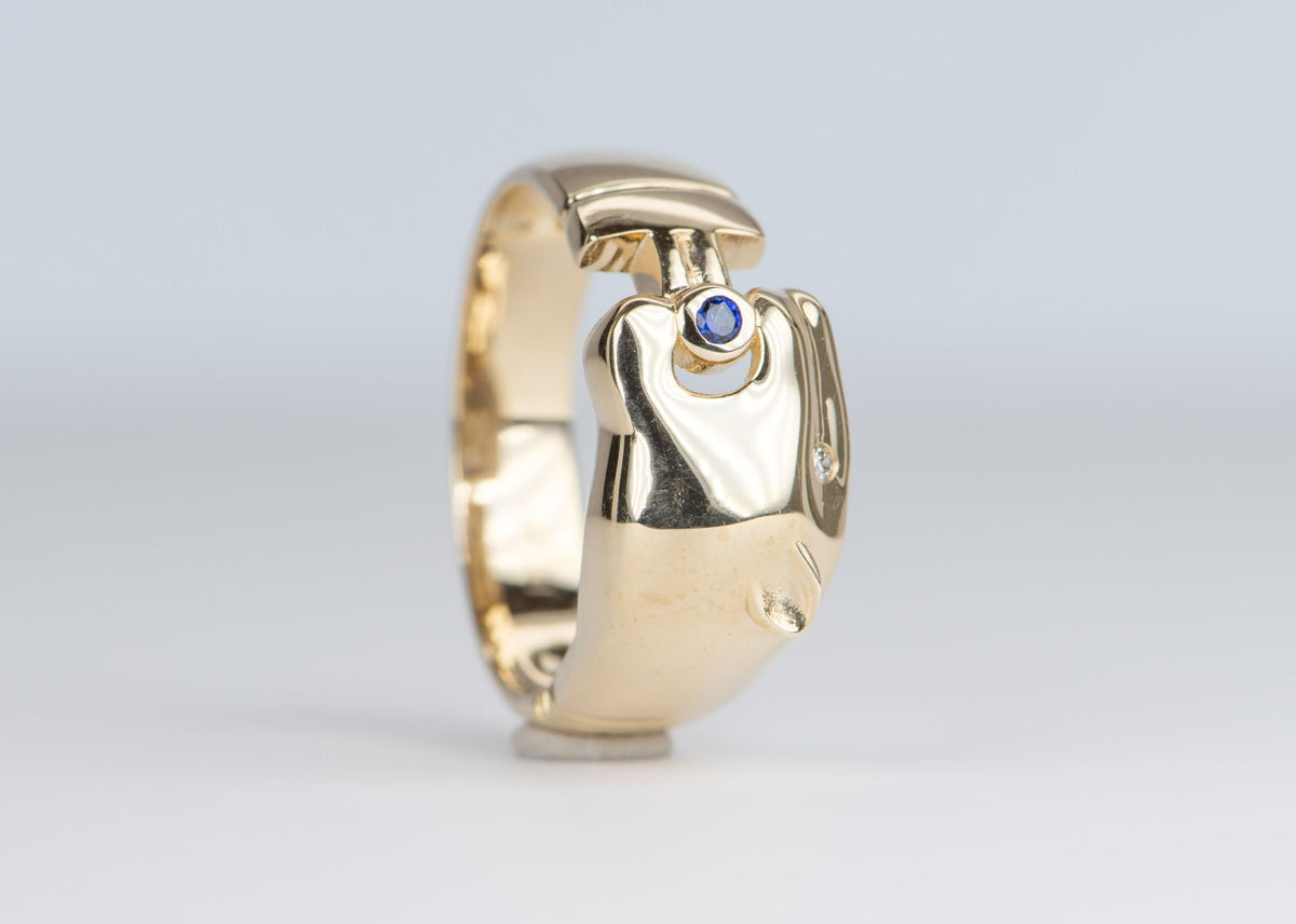 Vintage-Inspired 14K Yellow Gold Panther Ring with Diamond Eye Sapphire Mouth R6140 Aurora Designer