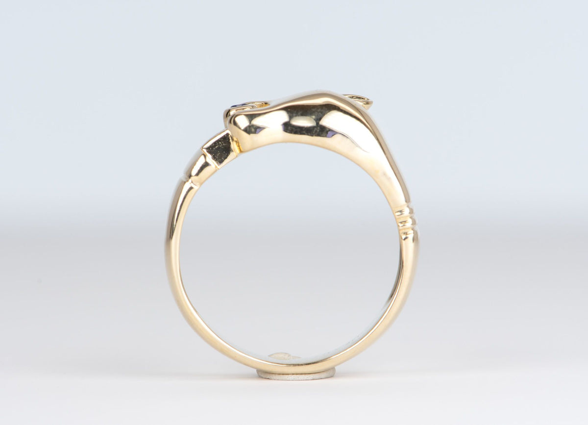 Vintage-Inspired 14K Yellow Gold Panther Ring with Diamond Eye Sapphire Mouth R6140 Aurora Designer