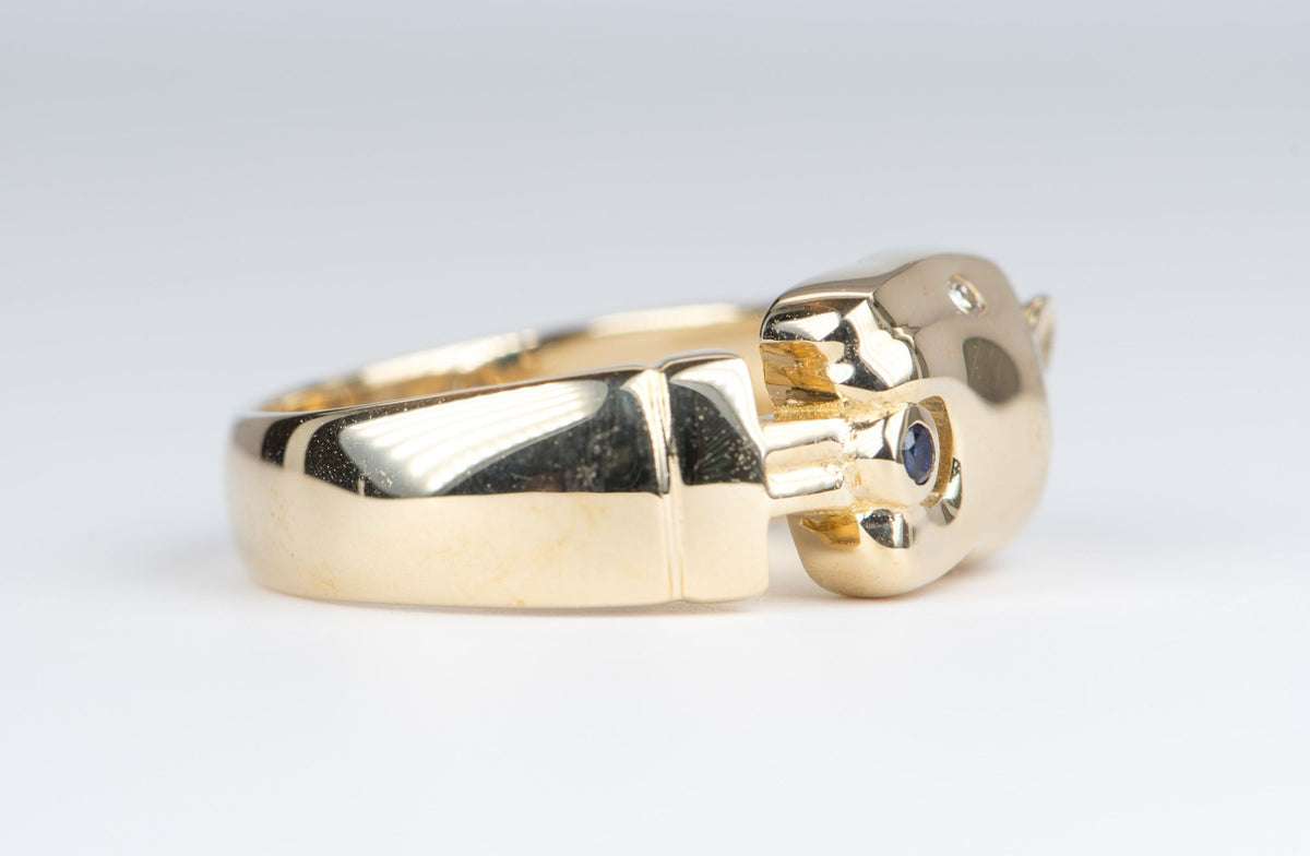 Vintage-Inspired 14K Yellow Gold Panther Ring with Diamond Eye Sapphire Mouth R6140 Aurora Designer