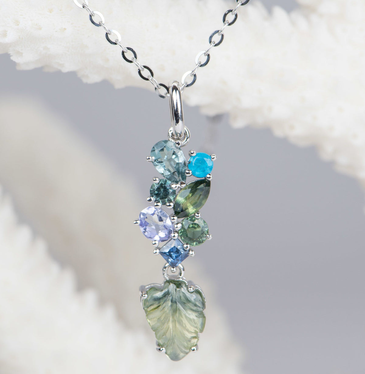 Unique 14K White Gold Cluster Pendant with Sapphire Tourmaline Apatite Tanzanite Carved Leaf R4084 Aurora Designer