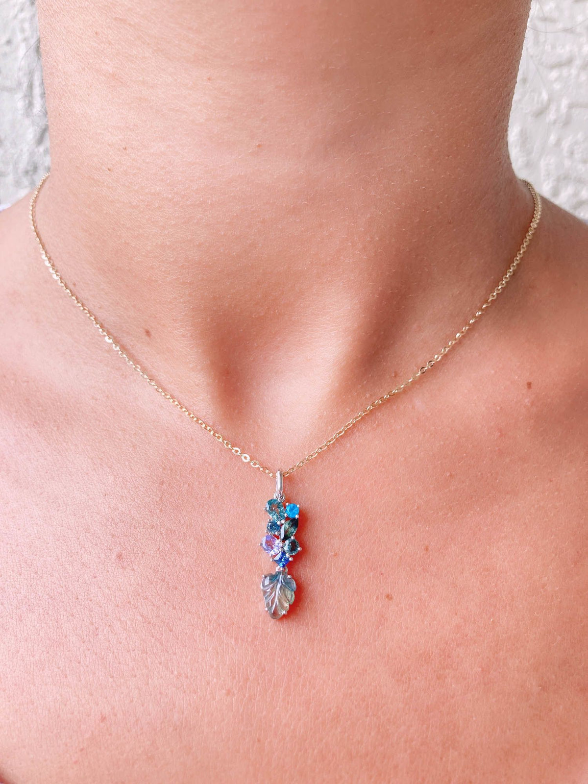 Unique 14K White Gold Cluster Pendant with Sapphire Tourmaline Apatite Tanzanite Carved Leaf R4084 Aurora Designer