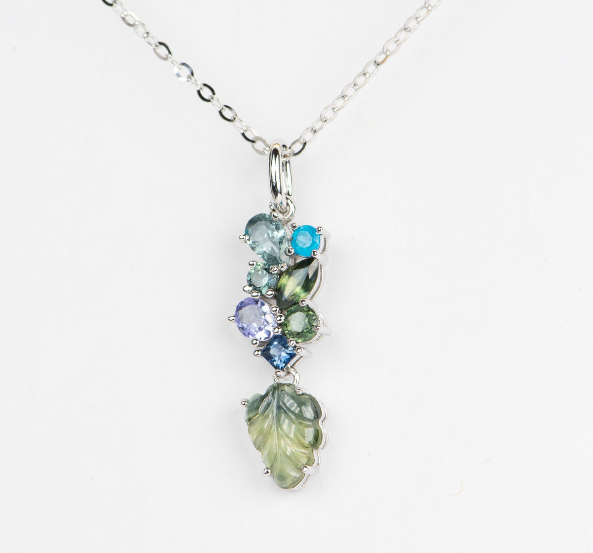 Unique 14K White Gold Cluster Pendant with Sapphire Tourmaline Apatite Tanzanite Carved Leaf R4084 Aurora Designer
