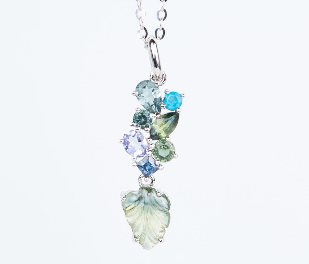 Unique 14K White Gold Cluster Pendant with Sapphire Tourmaline Apatite Tanzanite Carved Leaf R4084 Aurora Designer